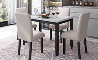 Faux Marble 5-Piece Dining Set Table with 4 Thicken Cushion Dining Chairs Home Furniture, White/Beige+Black