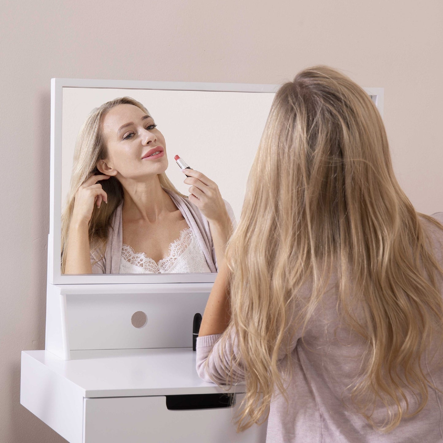 Wooden Mirror Vanity Desk Makeup Table, White