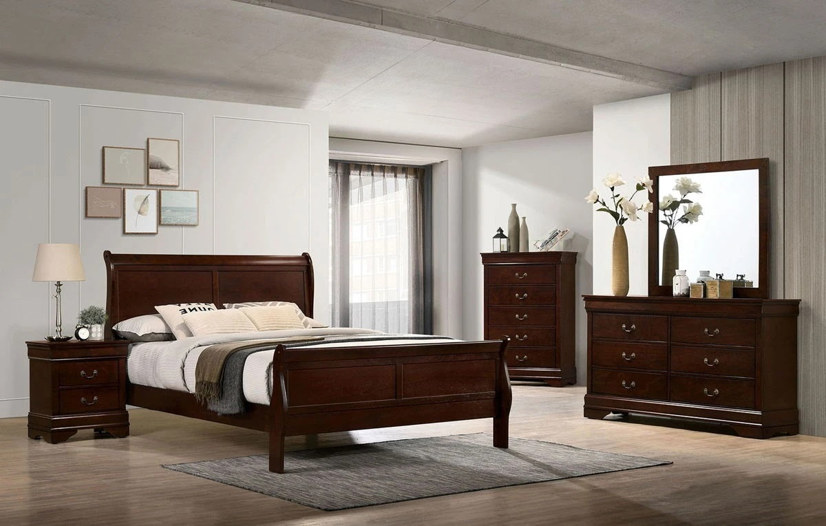 Queen Size Bed Cherry Louis Phillipe Solidwood 1pc Bed Bedroom Sleigh Bed Bedroom Furniture