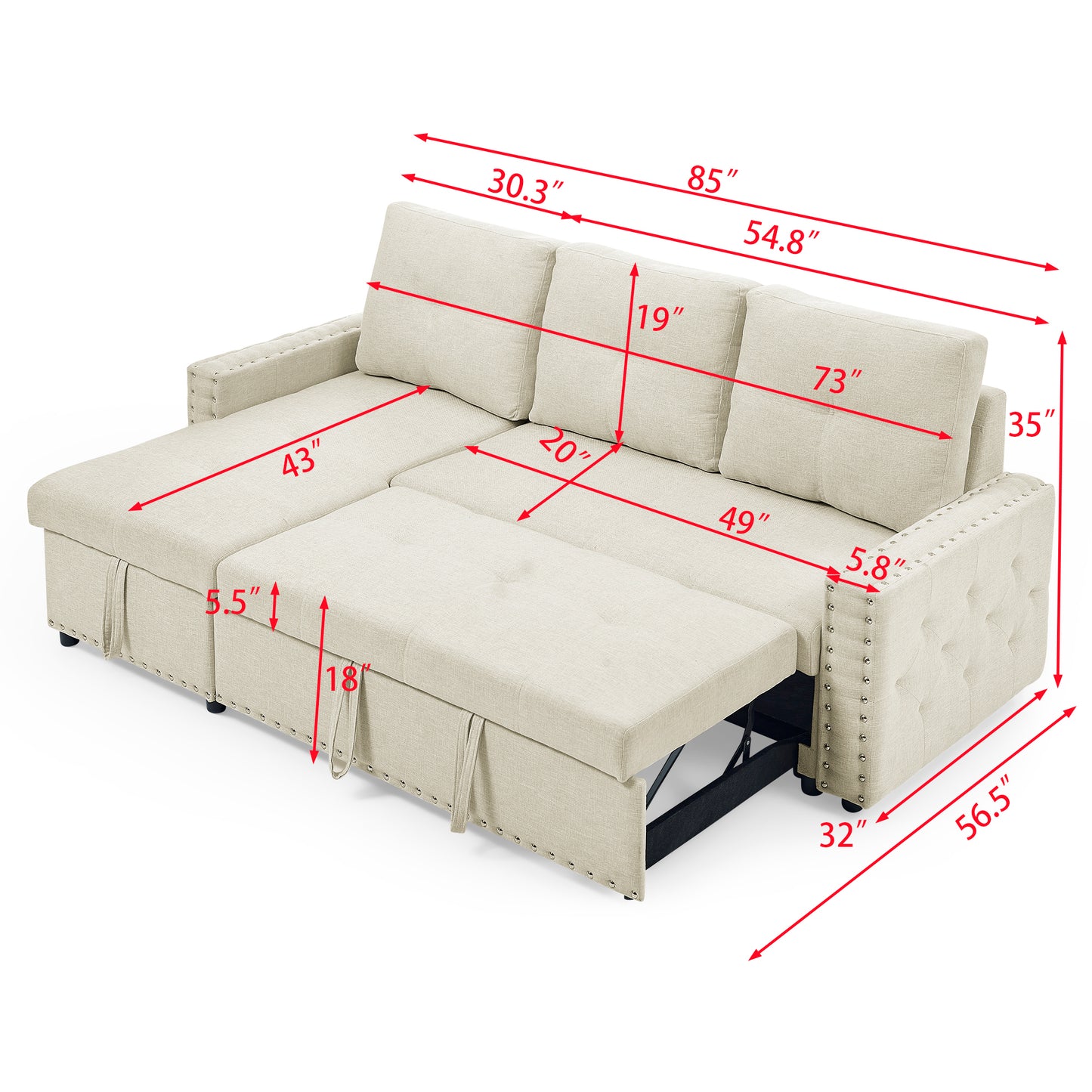 Sectional Sofa with Pulled Out Bed, 2 Seats Sofa and Reversible Chaise with Storage, Both Hands with Copper Nail, Beige, (85" x 56.5" x 35")