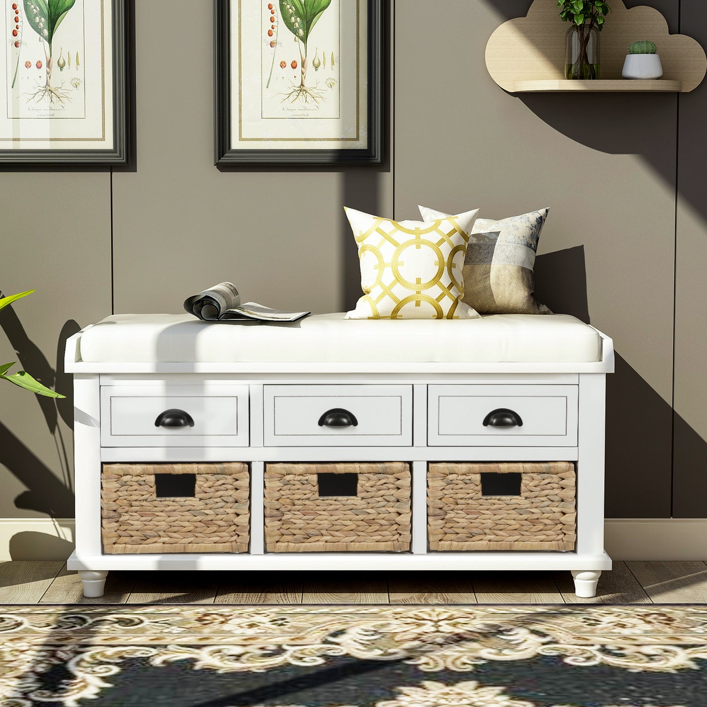 Rustic Storage Bench with 3 Drawers and 3 Rattan Baskets, Shoe Bench for Living Room, Entryway (White)