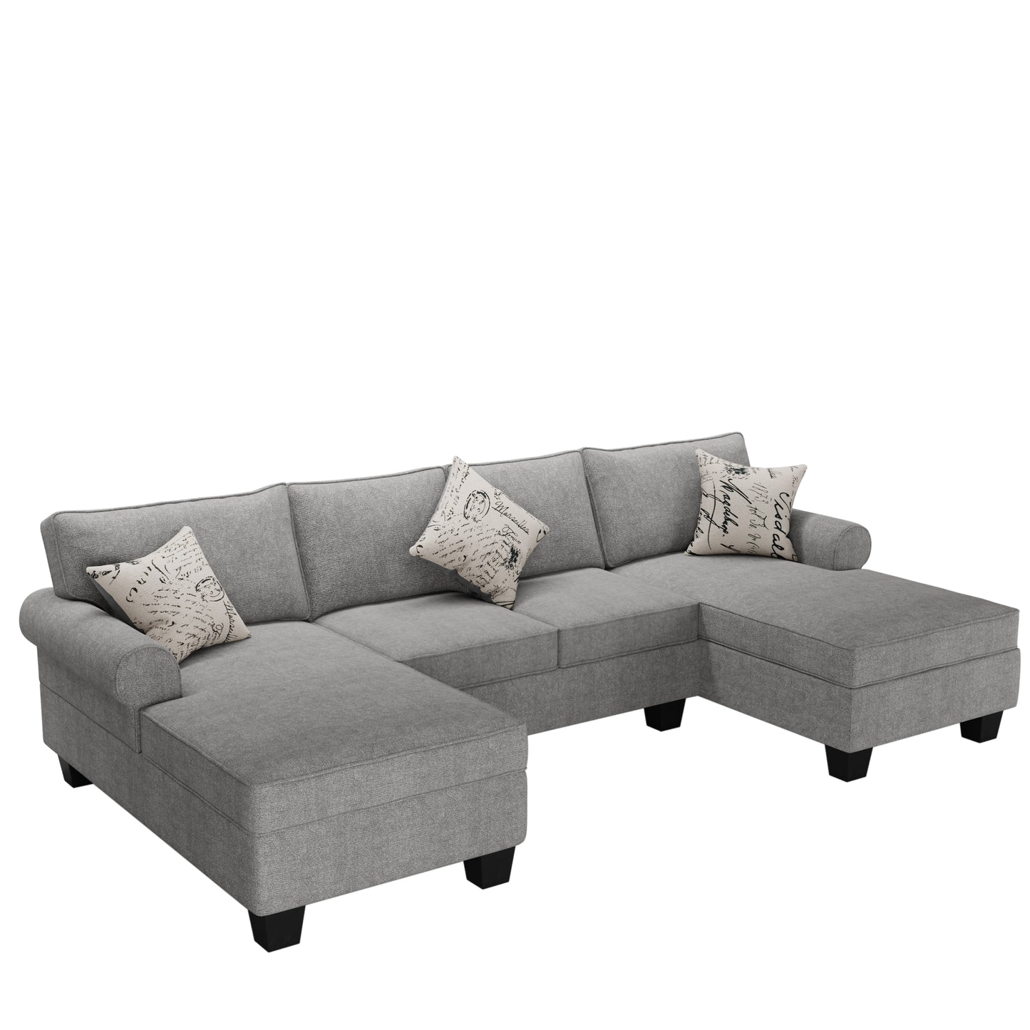 Family-Friendly 3pc U Shaped Sectional with 2 Storage Chaises, Rolled Arm with 3 Throw Pillows, Chenille, Grey