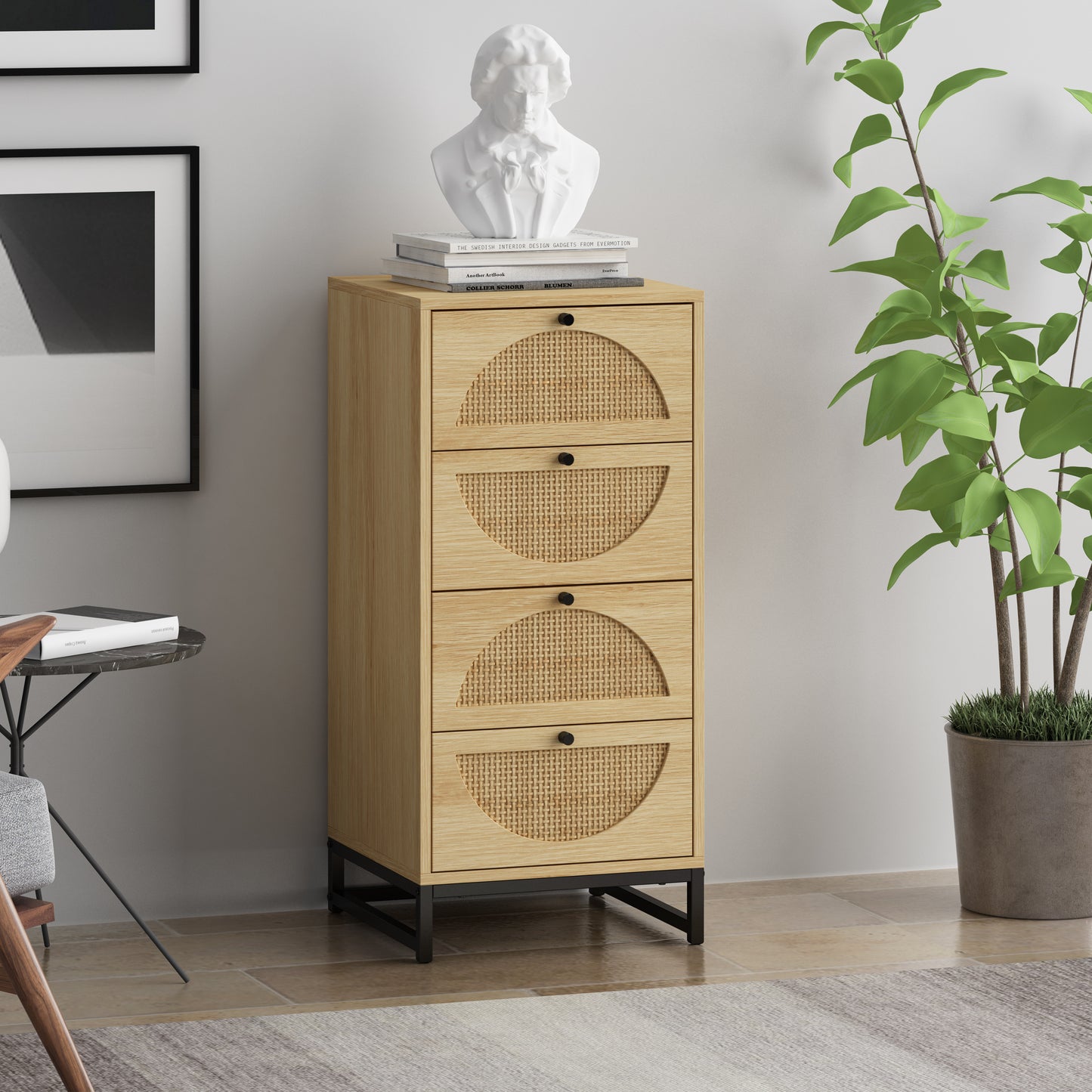 Natural Rattan, Cabinet with 4 Drawers, Suitable for Living Room, Bedroom and Study, Diversified Storage