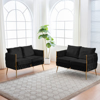 2 Pieces of Loveseat Set Modern Living Room Furniture Set Sofa Couch with Dutch Velvet, Golden Metal Legs And Handmade Woven Back, Black Velvet