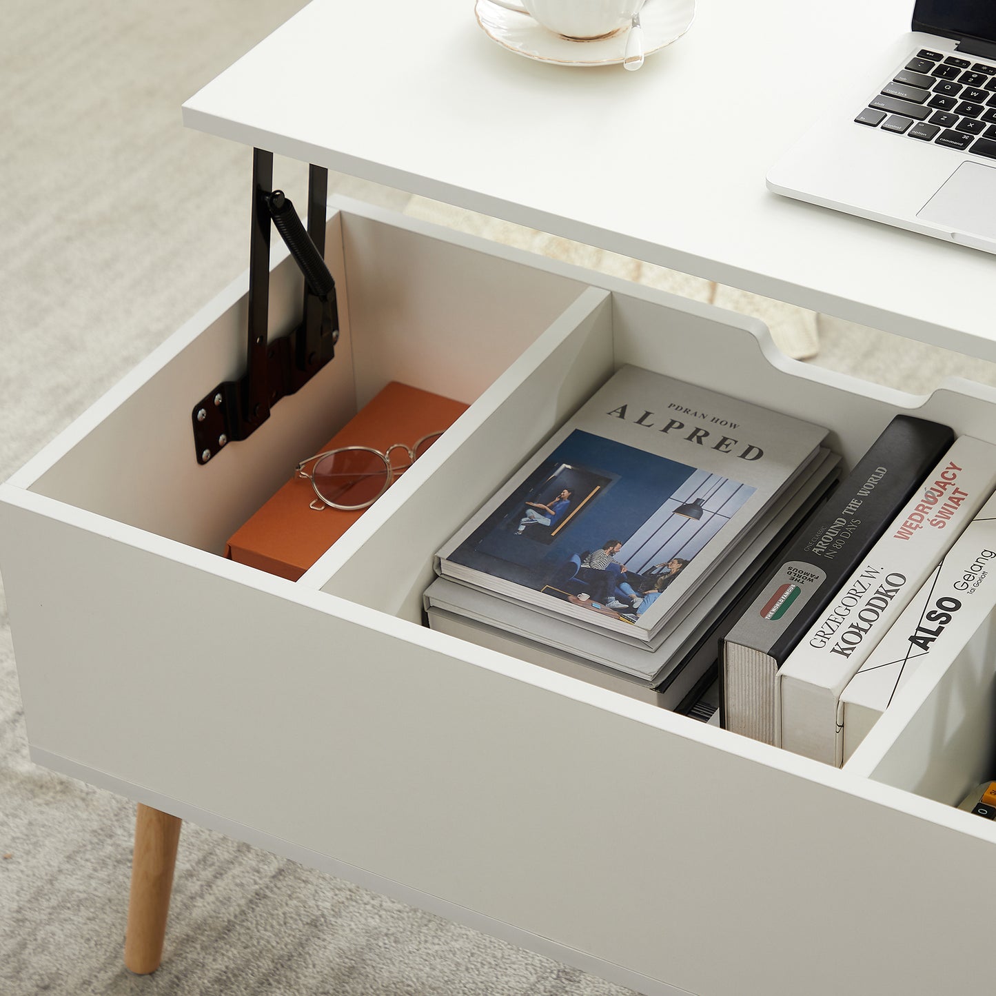 Coffee Table, Computer Table, White, Solid Wood Leg Rest, Large Storage Space