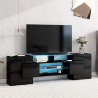 ON-TREND Unique Shape TV Stand with 2 Illuminated Glass Shelves, High Gloss Entertainment Center for TVs Up to 80", Versatile TV Cabinet with LED Color Changing Lights for Living Room, Black