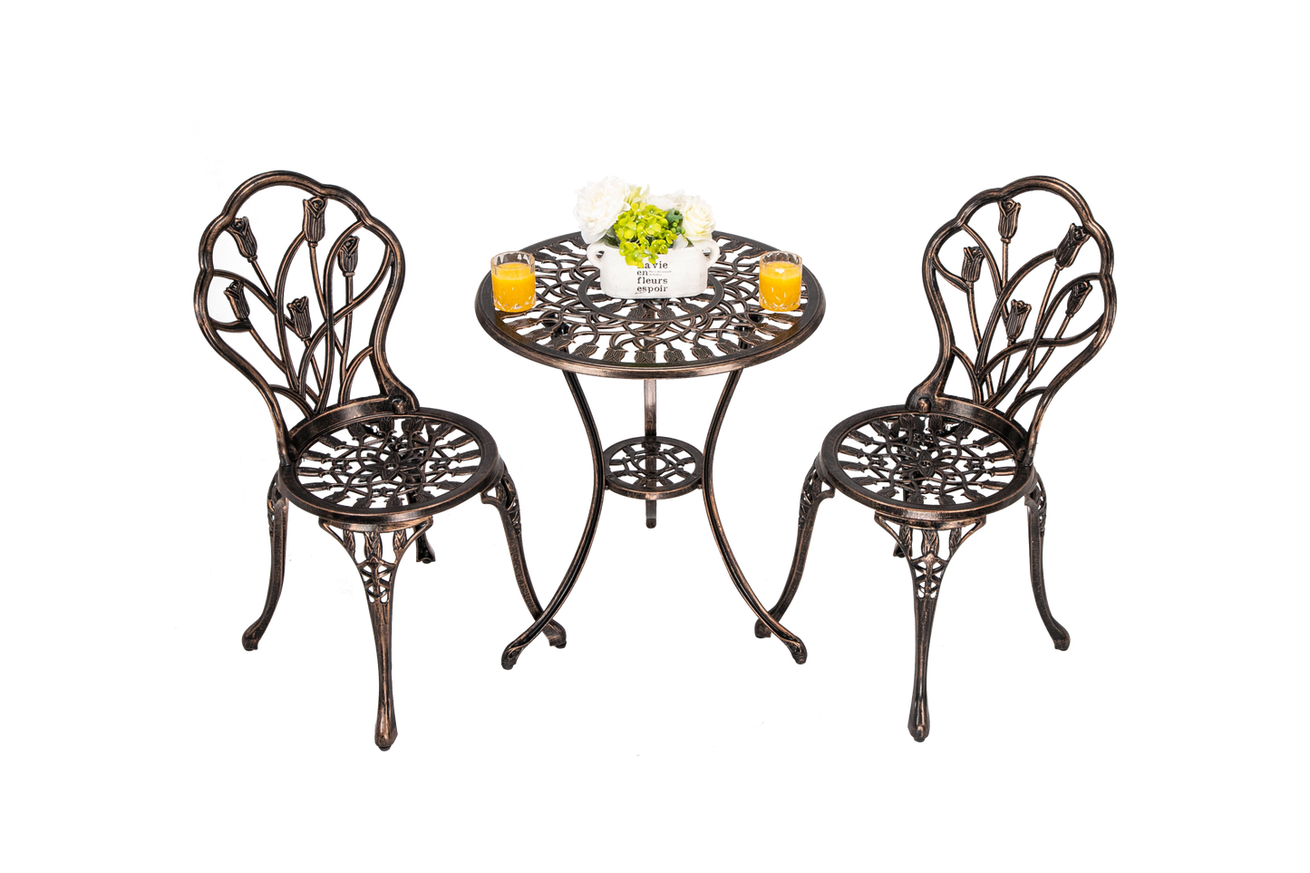 Bistro Table Set, Outdoor Patio Set 3 Piece Table and Chairs, Tulip Carving and Weather Resistant-Antique Bronze