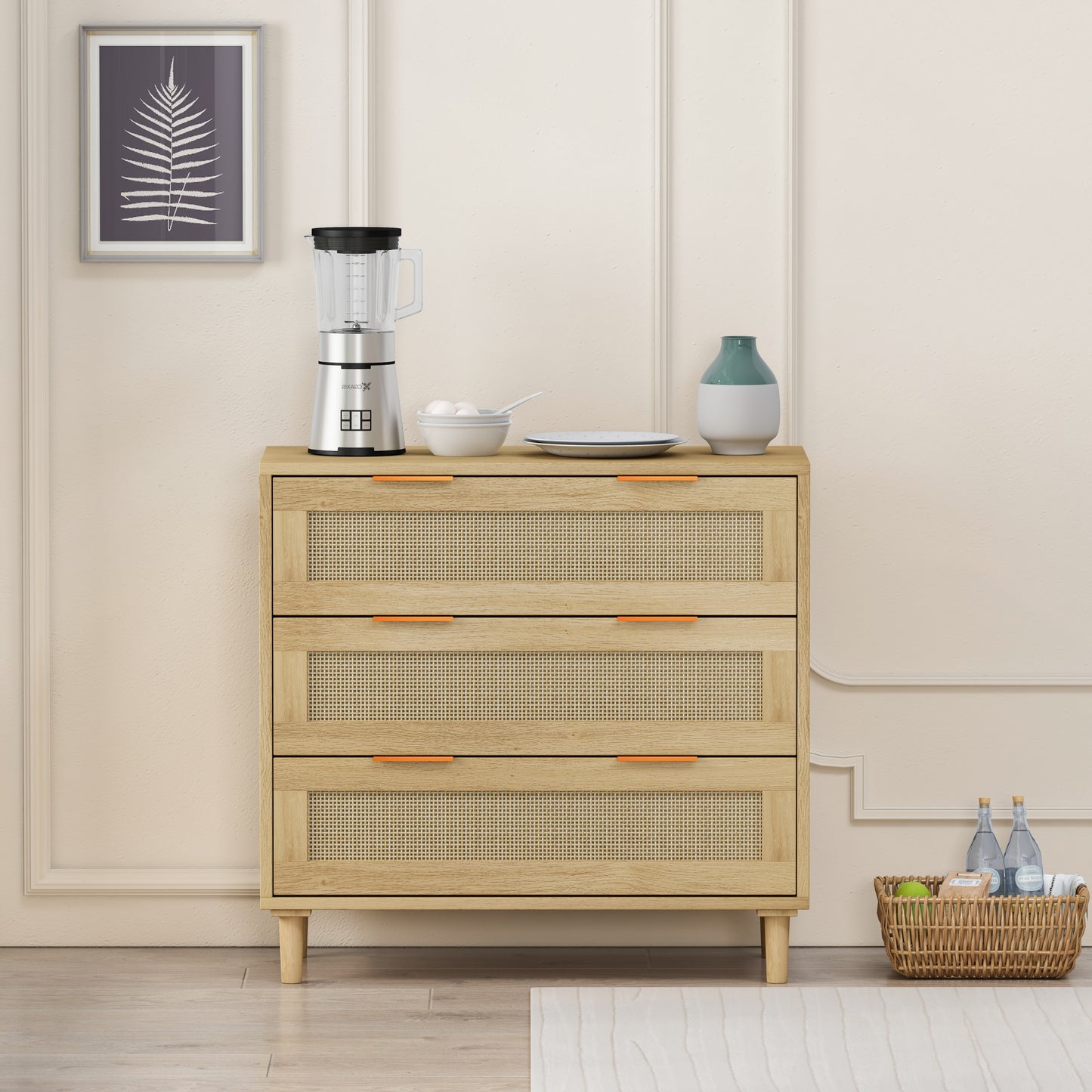 31.50"3-Drawers Rattan Storage Cabinet Rattan Drawer,for Bedroom,Living Room,Dining Room,Hallways,Oak