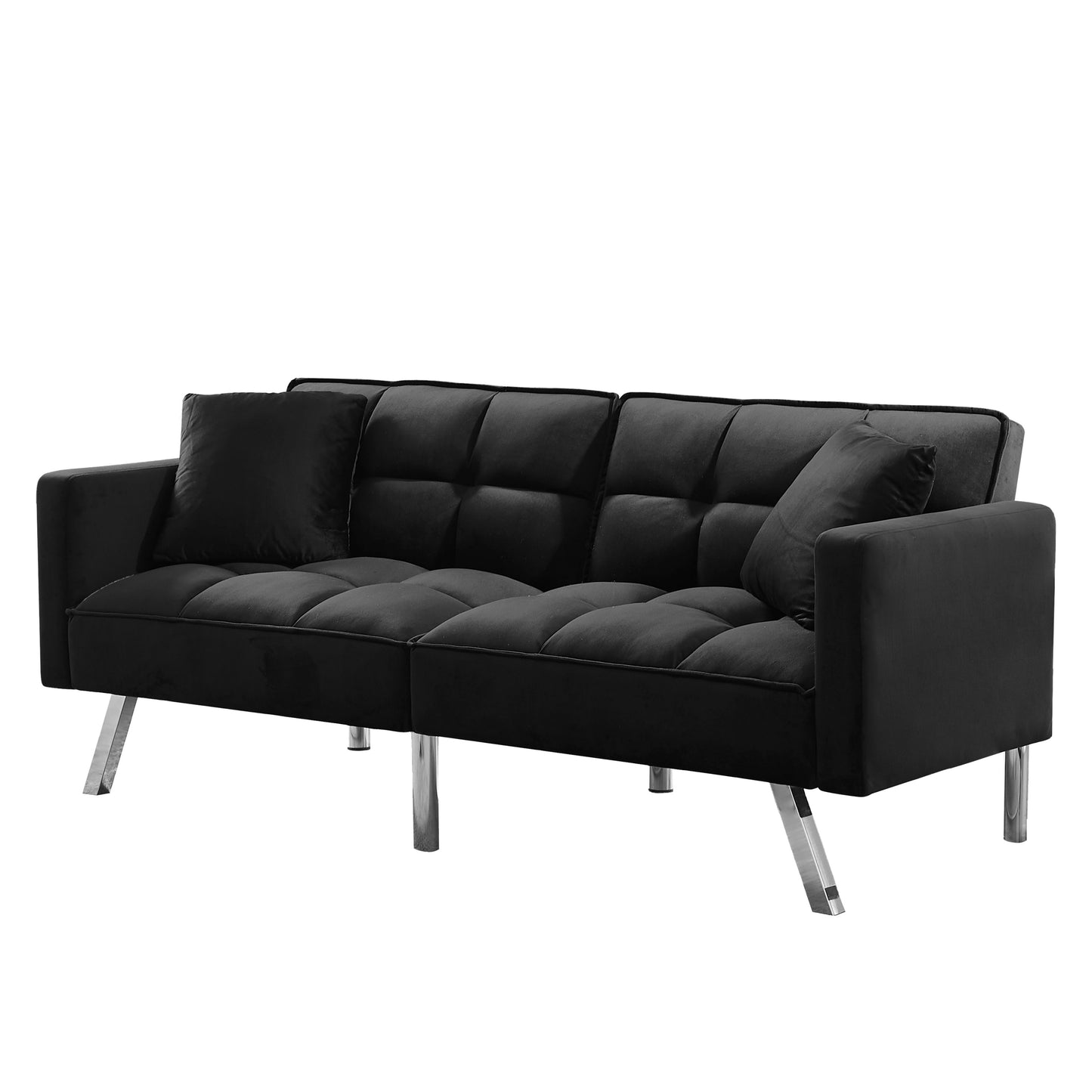 Futon Sofa Sleeper Black Velvet with 2 Pillows