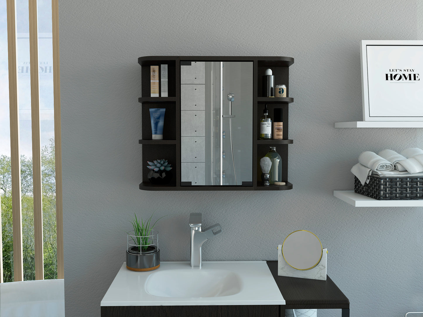 Milan Medicine Cabinet, Six External Shelves Mirror, Three Internal Shelves -Black