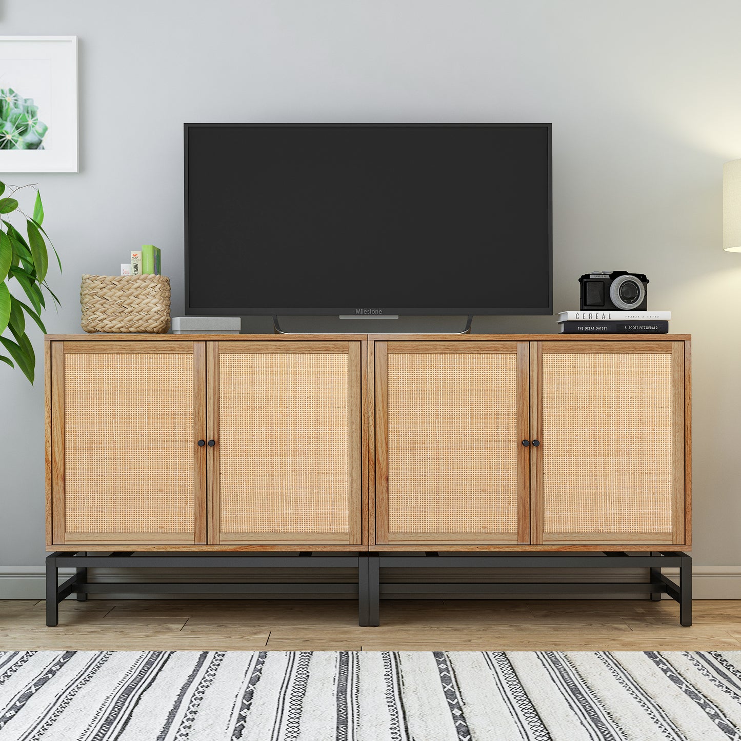 Natural Rattan, 2 Door Cabinet with 1 Adjustable Inner Shelves, Rattan, Accent Storage Cabinet