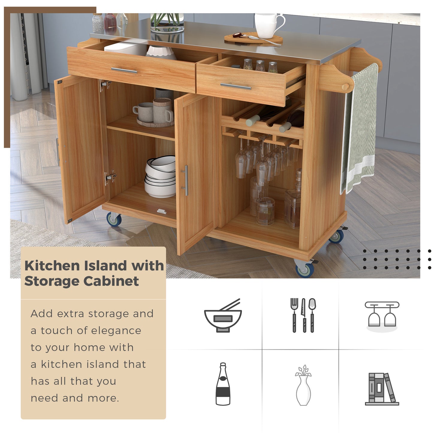 K&K Kitchen Cart with Stainless Steel Top and Storage Cabinet, Kitchen Island on Wheels with Two Drawers & Goblet Holder & Wine Rack & Spice Rack & Towel Holder, L51xW18xH37 Inches