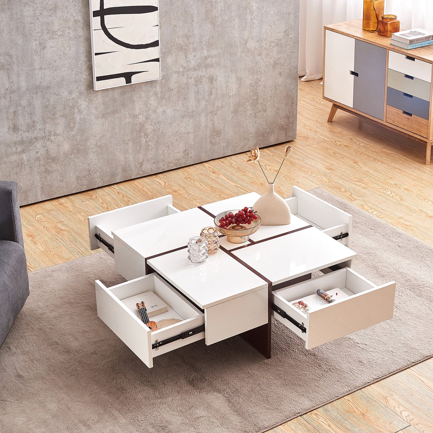 Victoria Collection Modern Style High Gloss & Veneer Finished Living Room Square Coffee Table with 4 Drawers - White & Walnut, Particle Board