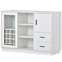 Kitchen Functional Sideboard with Glass Sliding Door and Integrated 16 Bar Wine Compartment, Wineglass Holders (White)