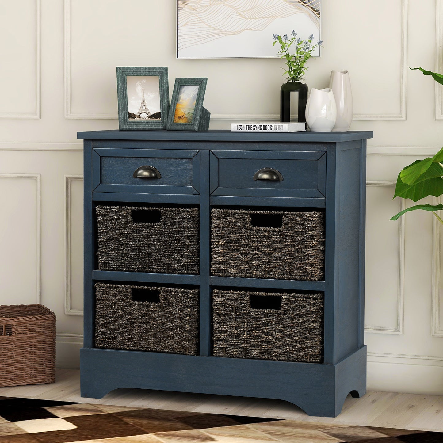 Rustic Storage Cabinet with Two Drawers and Four  Classic Rattan Basket for Dining Room/Entryway/Living Room (Antique Navy)