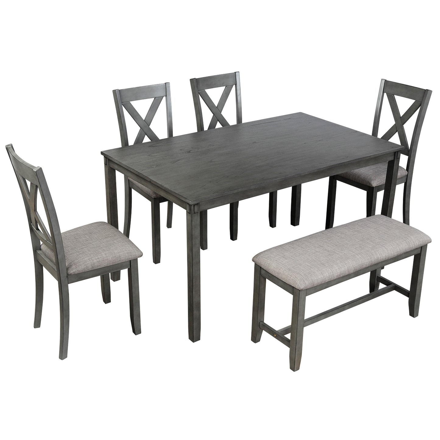 6-Piece Kitchen Dining Table Set Wooden Rectangular Dining Table, 4 Dining Chairs and Bench Family Furniture for 6 People (Grey)