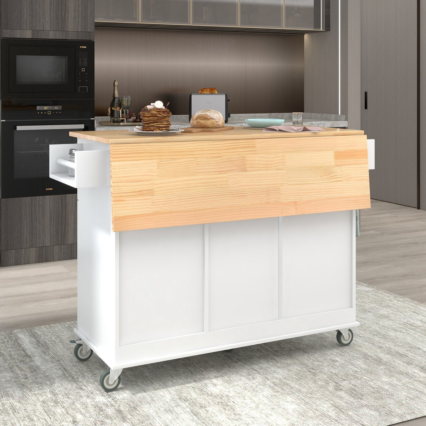 Rolling Mobile Kitchen Island with Solid Wood Top and Locking Wheels, 52.7 Inch Width, Storage Cabinet and Drop Leaf Breakfast Bar, Spice Rack, Towel Rack & Drawer (White)