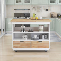 Kitchen Cart Rolling Mobile Kitchen Island Solid Wood Top, Kitchen Cart With 2 Drawers, Tableware Cabinet (White)