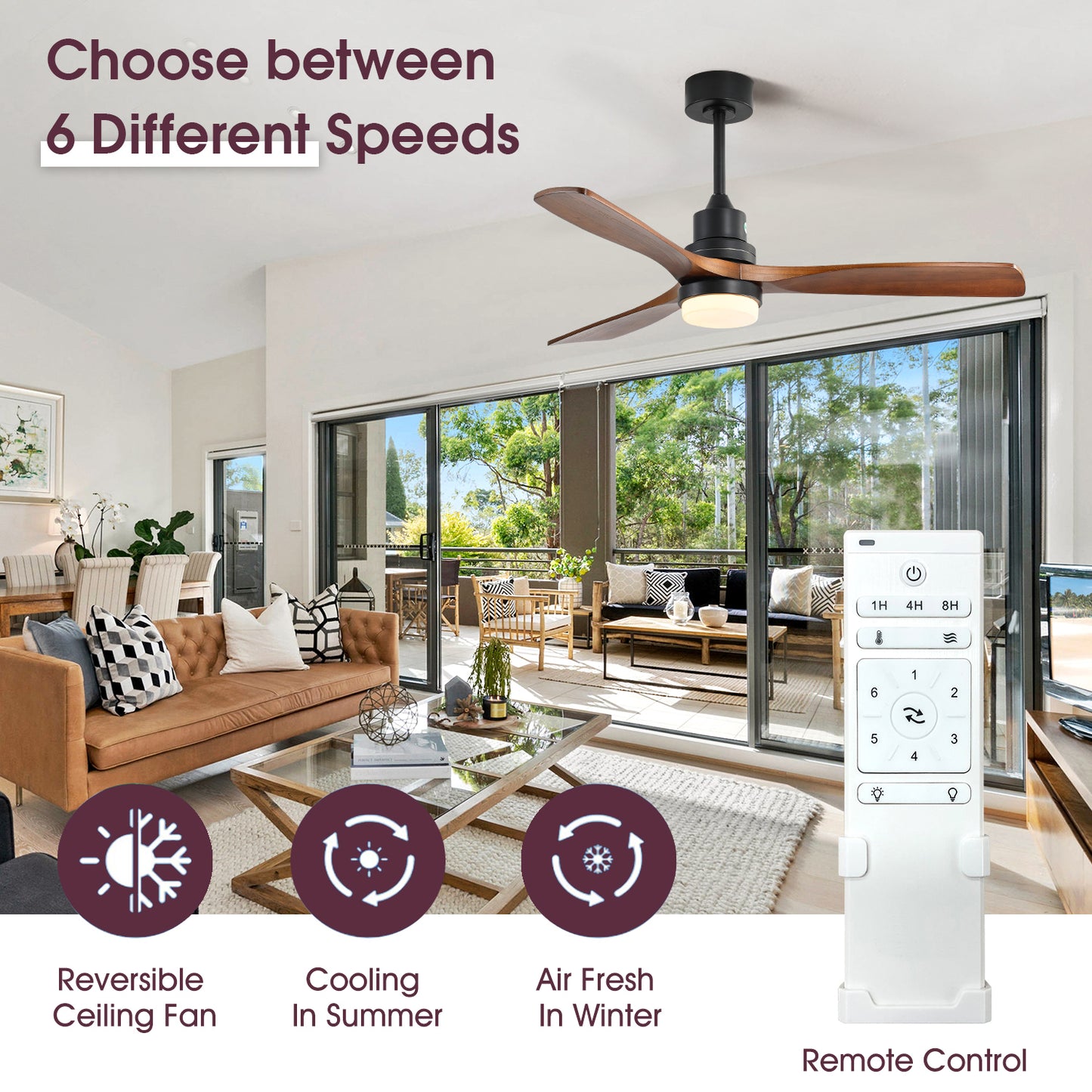 52 Inch Ceiling Fan Light With 6 Speed Remote Reversible Energy-saving DC Motor