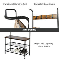 Coat Rack Shoe Bench with Hooks, 3-in1 Hall Tree Coat Shoe Rack Stand, 3-Tier Shoe Bench with Coat Hat Rack for Entryway Hall Foyer Mudroom Bedroom, Easy Assembly, Rustic Brown