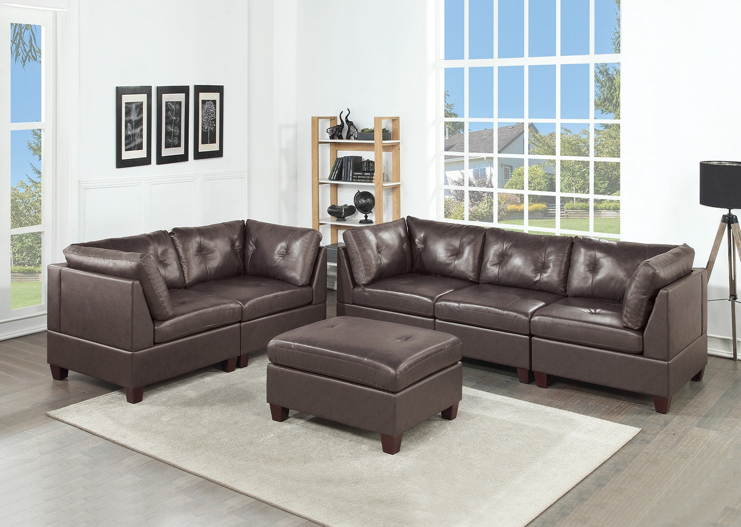 Contemporary Genuine Leather Dark Coffee Tufted 6pc Modular Sofa Set 4x Corner Wedge 1x Armless Chair 1x Ottoman Living Room Furniture Sofa Couch