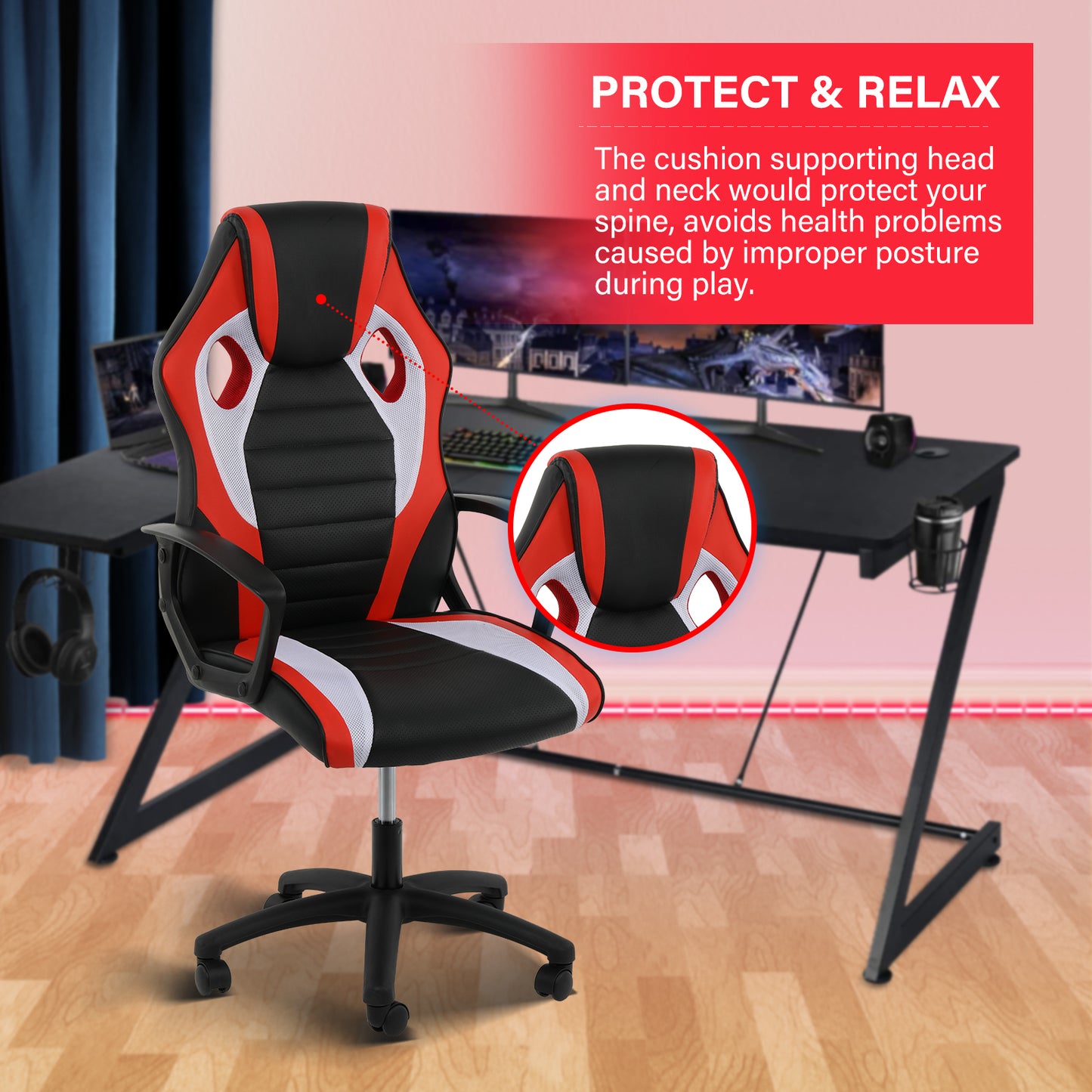 Gaming Office High Back Computer Ergonomic Adjustable Swivel Chair, Black/Red/White