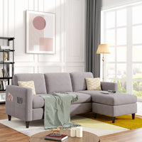 Reversible Sectional Sofa with Handy Side Pocket, Living Room L-Shape 3-Seater Couch with Modern Linen Fabric for Small Space