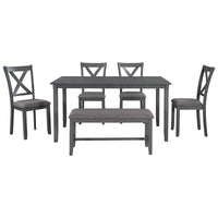 6-Piece Kitchen Dining Table Set Wooden Rectangular Dining Table, 4 Fabric Chairs and Bench Family Furniture (Gray)