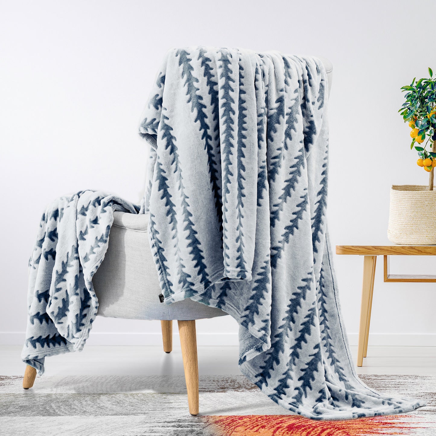 Back Printing Shaved Flannel Plush Blanket, Blue Stripe Blanket for Bed or Sofa, 60" x 80"