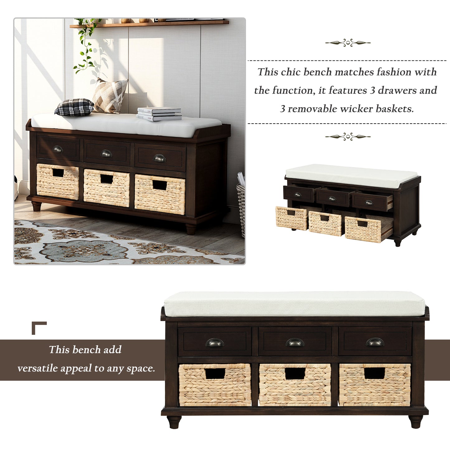 Rustic Storage Bench with 3 Drawers and 3 Rattan Baskets, Shoe Bench for Living Room, Entryway (Espresso)