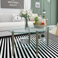 Transparent Oval Glass Coffee Table, Modern Table in Living Room Oak Wood Leg Tea Table 3-Layer Glass Table