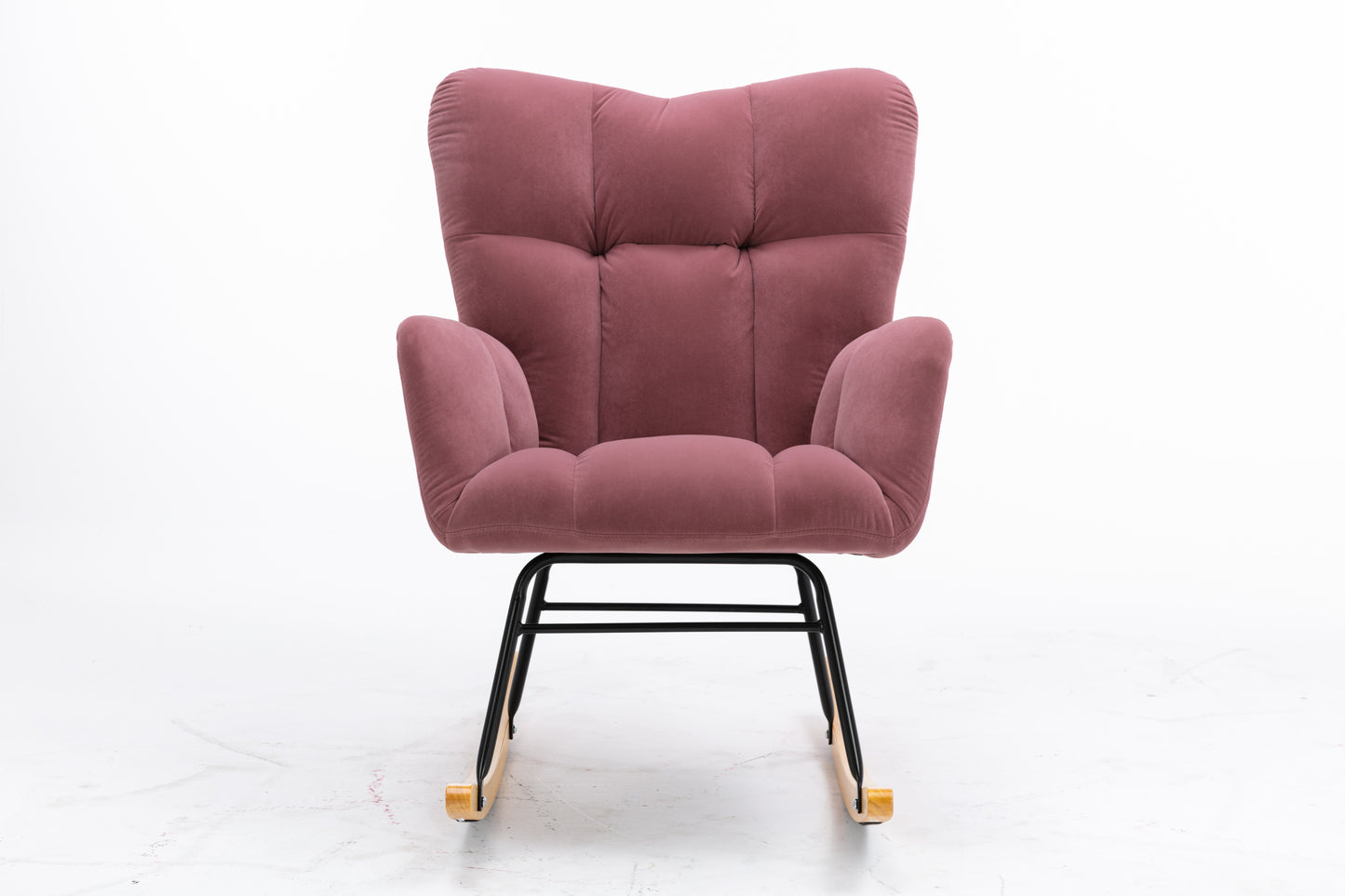 Mid Century Modern Velvet Tufted Upholstered Rocking Chair Padded Seat for Living Room Bedroom, Dark Pink