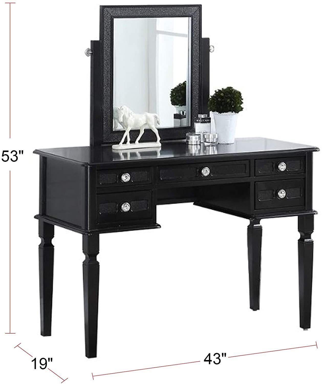 Bedroom Vanity Set Stool Storage Drawers  Mirror Black Color Modern Gorgeous Furniture MDF Rubber wood