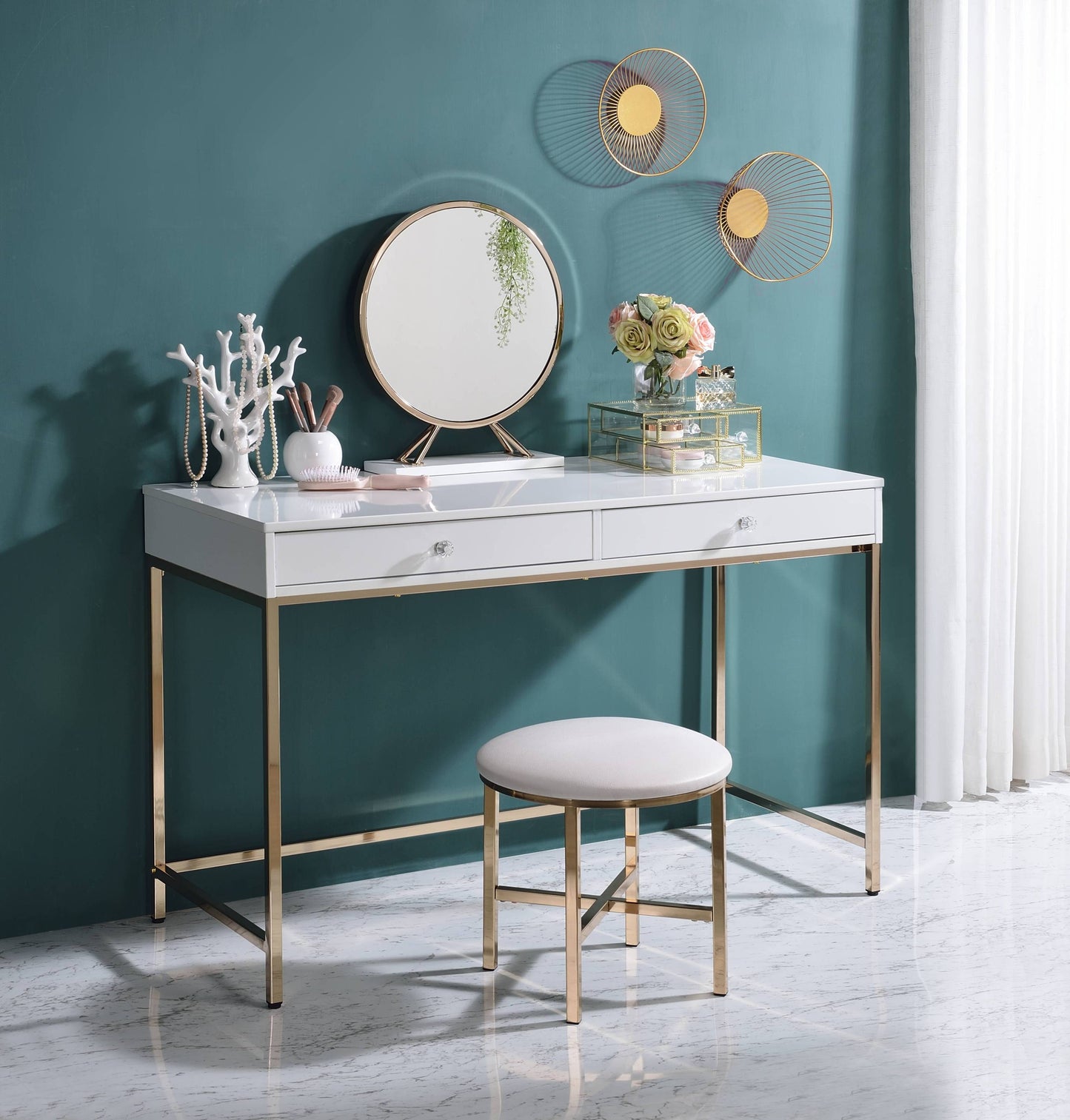 ACME Ottey Vanity Desk  in White High Gloss & Gold Finish