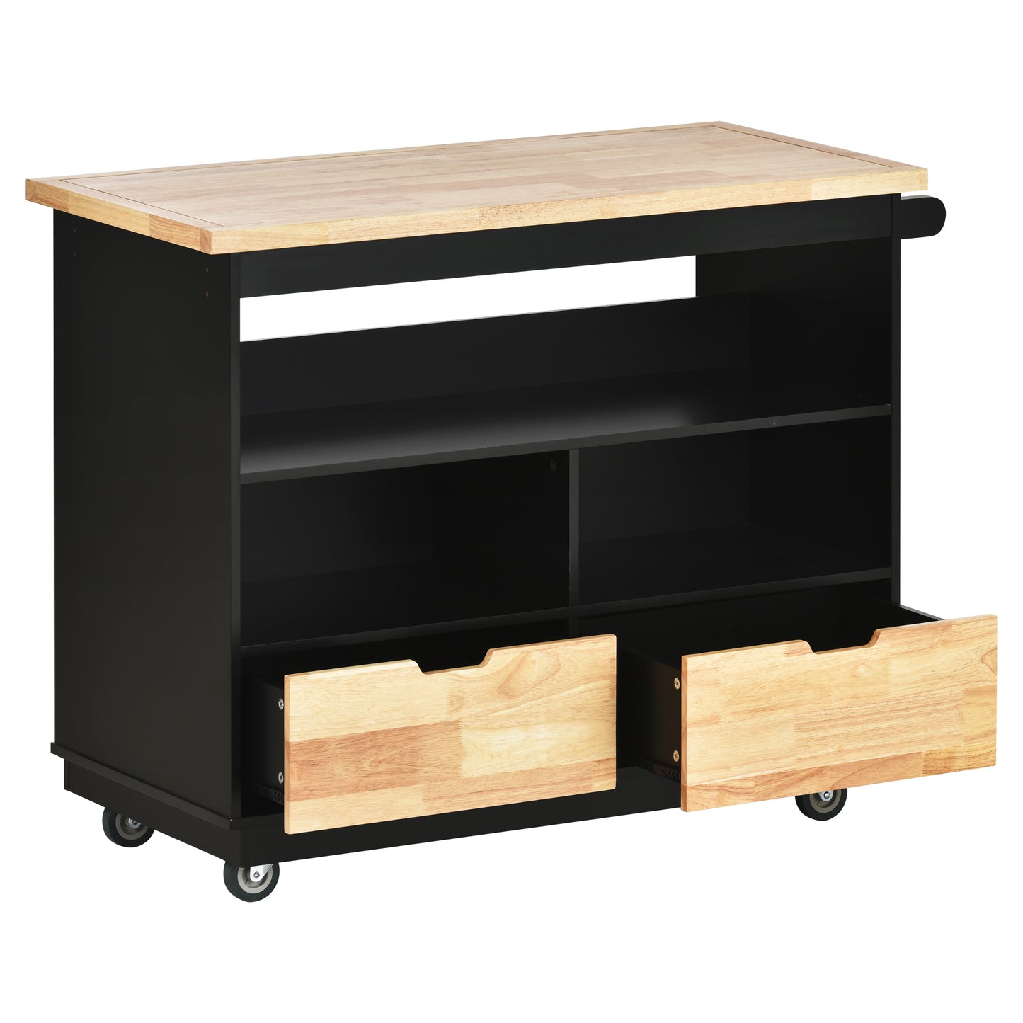 Kitchen Cart Rolling Mobile Kitchen Island Solid Wood Top, Kitchen Cart With 2 Drawers, Tableware Cabinet (Black)