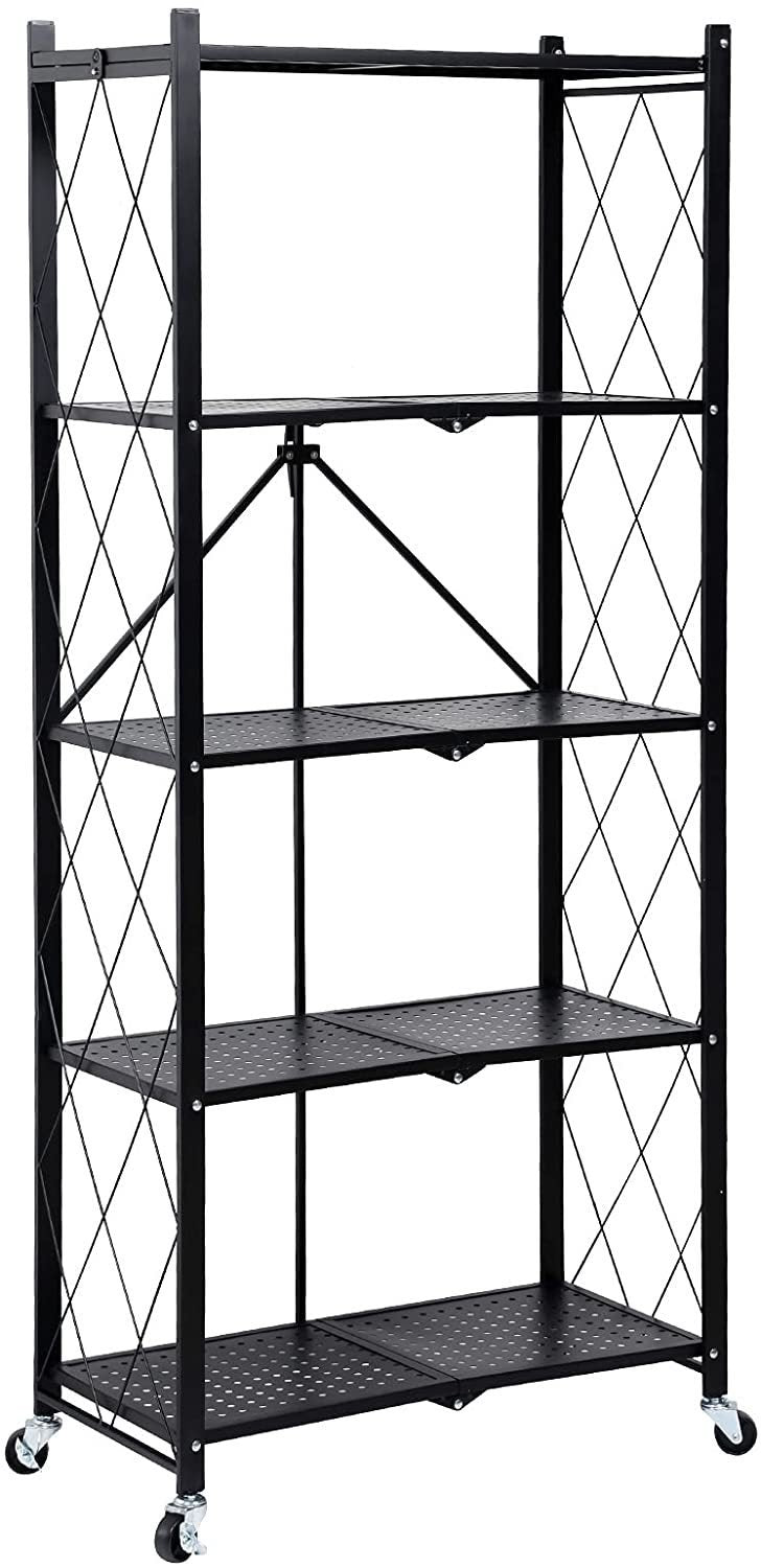 5-Tier Heavy Duty Foldable Metal Rack Storage Shelving Unit with Wheels Moving Easily Organizer Shelves Great for Garage Kitchen Holds up to 1250 lbs Capacity, Black