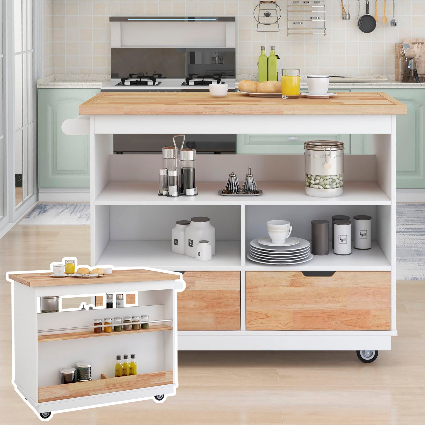 Kitchen Cart Rolling Mobile Kitchen Island Solid Wood Top, Kitchen Cart With 2 Drawers, Tableware Cabinet (White)