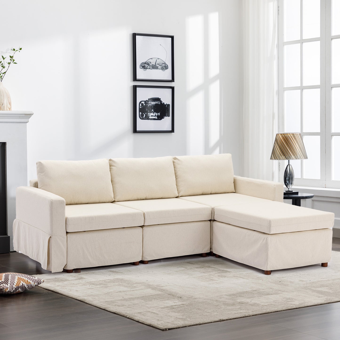 3 Seat Module Sectional Sofa Couch With 1 Ottoman,Seat Cushion and Back Cushion Removable and Washable,Cream