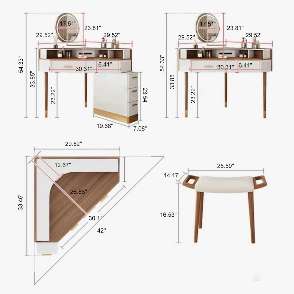 Modern Corner Makeup Vanity Table with LED Lighted Mirror, Vanity Desk with 5 Drawers, Piano Finish, Solid Wood Legs, Stool