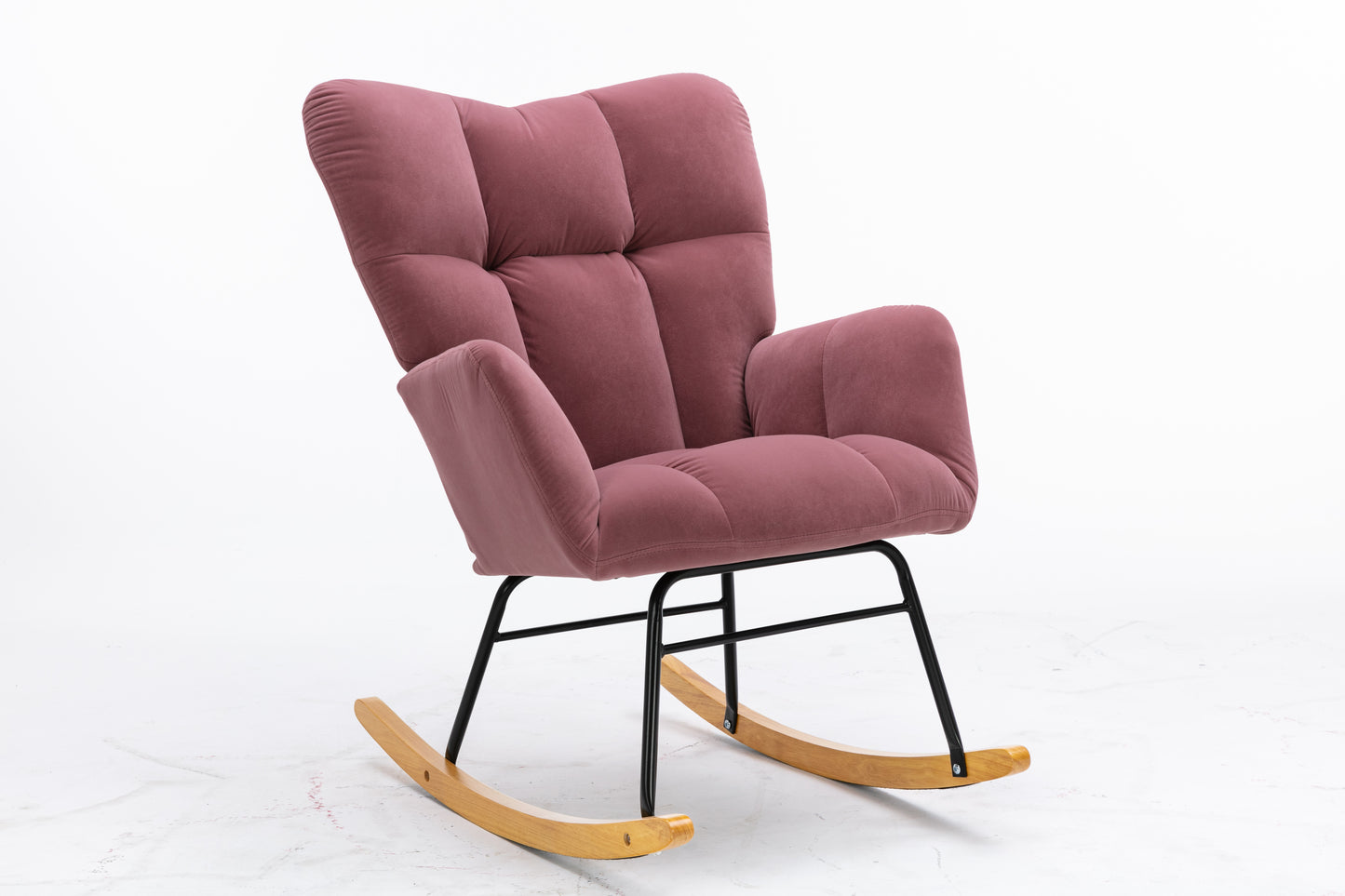 Mid Century Modern Velvet Tufted Upholstered Rocking Chair Padded Seat for Living Room Bedroom, Dark Pink