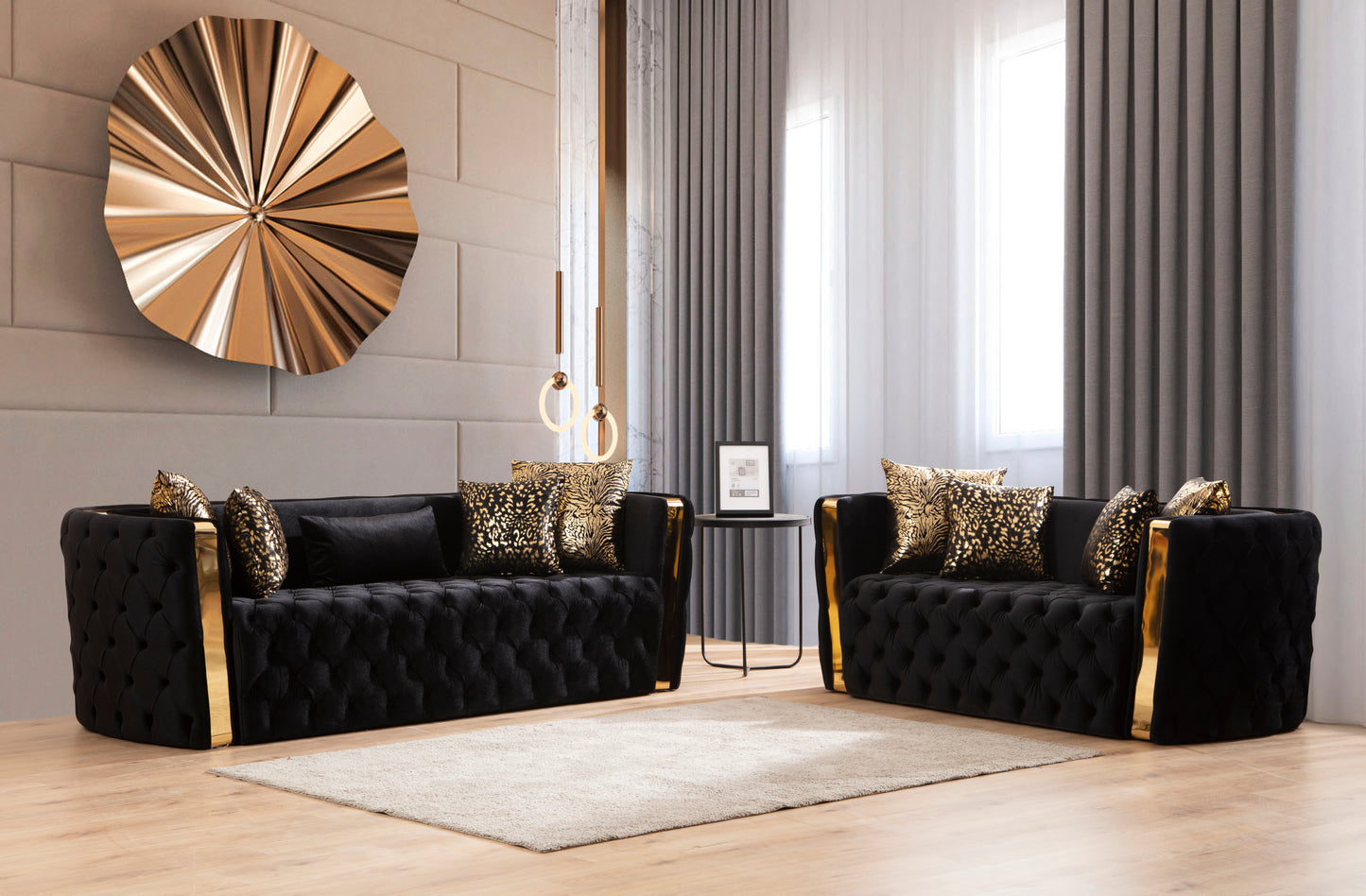 Naomi Button Tufted 2 Pc Sofa Set with Velvet Fabric and Gold Accent in Black