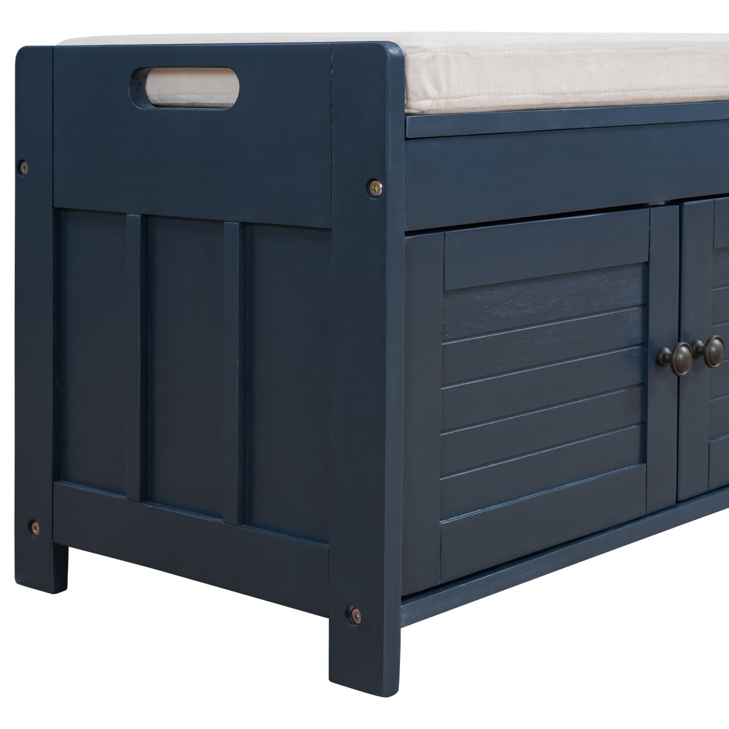 Storage Bench with 3 Shutter-shaped Doors, Shoe Bench with Removable Cushion and Hidden Storage Space (Antique Navy)