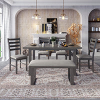 6-Pieces Family Furniture, Solid Wood Dining Room Set with Rectangular Table & 4 Chairs with Bench (Gray)