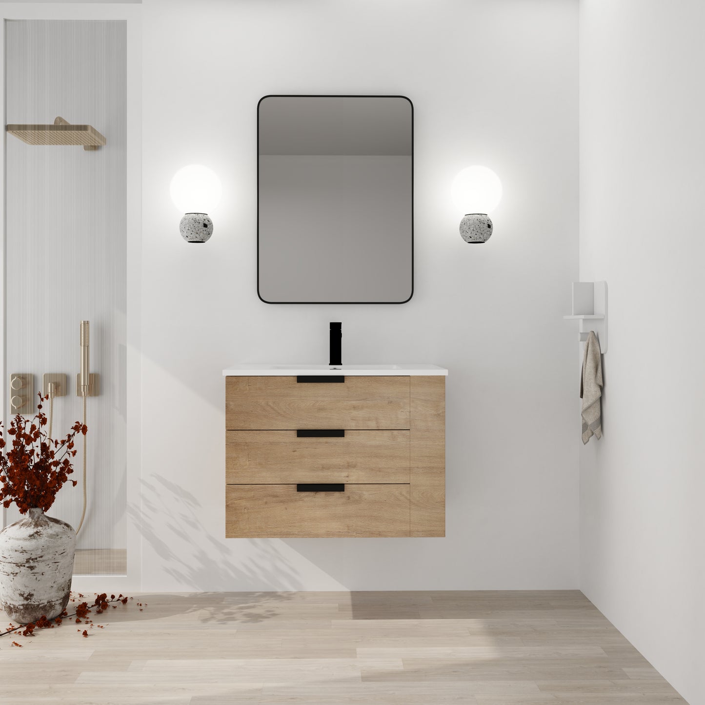 30 Inch Wall Mounting Bathroomg Vanity With Sink, Soft Close Drawer and Side Shelf-G-BVB01430IMO-GRB3020MOWH