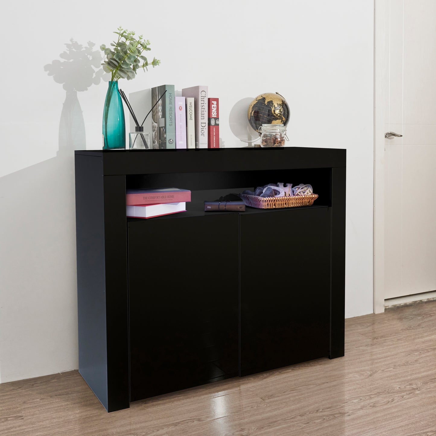 Living Room Sideboard Storage Cabinet Black High Gloss with LED Light, Modern Kitchen Unit Cupboard Buffet Wooden Storage Display Cabinet TV Stand with 2 Doors for Hallway Dining Room