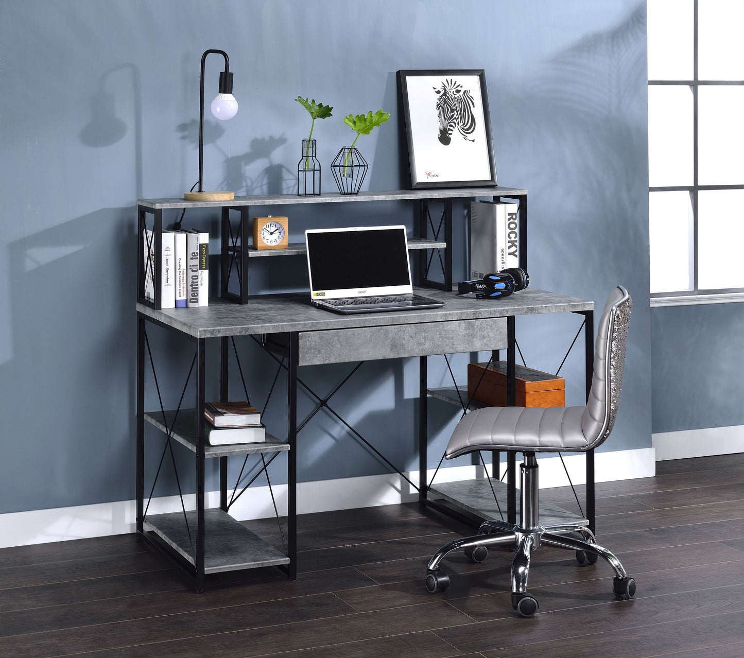 ACME Amiel Desk, Faux Concrete & Black