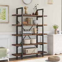 5-tier Industrial Bookcase with Rustic Wood and Metal Frame, Large Open Bookshelf for Living Room (Distressed Brown)