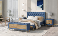 4-Pieces Bedroom Sets Full Size Upholstered Platform Bed with Two Nightstands and Storage Bench-Blue