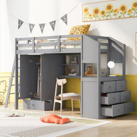 Twin Size Loft Bed with Wardrobe and Drawers, attached Desk with Shelves, Gray