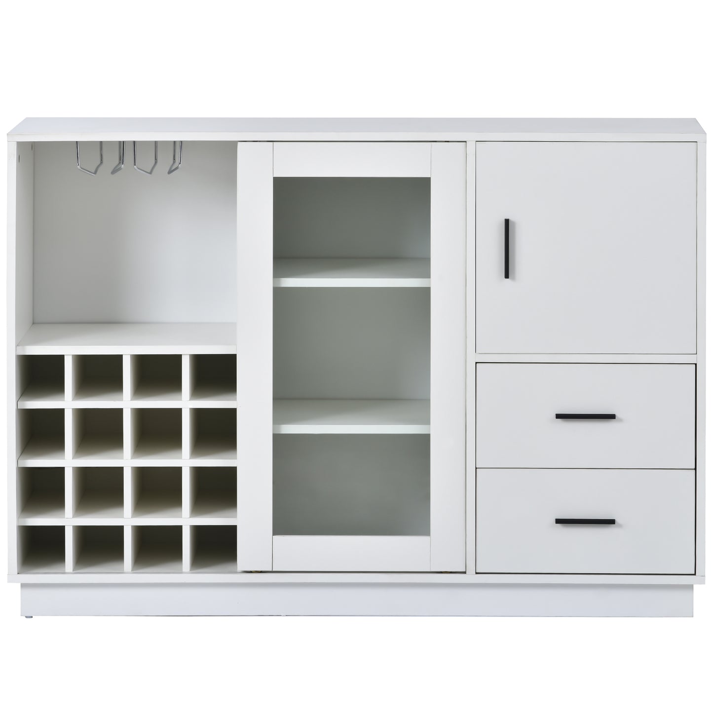 Kitchen Functional Sideboard with Glass Sliding Door and Integrated 16 Bar Wine Compartment, Wineglass Holders (White)